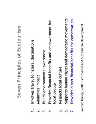 Seven Principles of Ecotourism

1.   Involves travel to natural destinations
2.   Minimises impact
3.   Builds environmental awareness
4.   Provides financial benefits and empowerment for
     local people
5.   Respects local culture
6.   Supports human rights and democratic movements
7.   Provides direct financial benefits for conservation

Source: Honey, 2008: Ecotourism and Sustainable Development
 