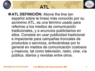 ATL DEFINICIÓN:  Above the line (en español sobre la línea) más conocido por su acrónimo ATL, es una término usado para referirse a los medios de comunicación tradicionales, y a anuncios publicitarios en ellos. Consiste en usar publicidad tradicional e impactante para campañas troncales de productos o servicios, enfocándose por lo general en medios de comunicación costosos y masivos, tal como televisión, radio, cine, vía pública, diarios y revistas entre otros. ATL 