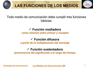 Función mediadora como relación entre emisor y receptor Función difusora a partir de la multiplicación del mensaje Función sustentadora permanencia del significante a lo largo del tiempo LAS FUNCIONES DE LOS MEDIOS Todo medio de comunicación debe cumplir tres funciones básicas: 