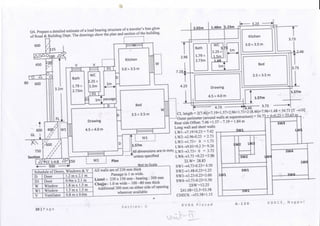 Q4. Prepare a detailed estimate of a load bearing structure of a traveler's bun glow
of Road & Building Dept. The drawings show the plan and section of the building.
600
115
450
o,
80 600
t
600
GL 1
/t
/600
750
Section
3.1m
FL
Wl
V
Bath
1.79 x
2.73m
Dl
F 3ae
we
&..25X
1.5m
Dl
31 1m
1m
* +
passage
Kitchen
3.0x3.5m
W
2.96
Drawing
4.5 x 4.0 m
Bed
3.5 x 3.5m
W
4.23
2.02m 1.48m 1.23m
Bath
1.79 x
2.73m
we
1
1.25 x
1.5m
1.4R
i
1m
m
'
Drawing
4.5 x4.0m
3.23
Kitchen
3.Ox 3.5m
3.73
Bed
3.5x3.5m
4.73
1.57m
8.46 3.73
±^46
3.73
1.57m
Wl
1:4:8
900
Wl ! Plan
1.57m
All dimensions are in mm
r
"unless specified
Not to Scale
Schedule of Doors, Windows & V
D
Dl
W
Wl
V
Door
Door
Window
Window
Ventilator
1.2mx 2.1m
0.9m x 2.1 m
1.8 m x 1.5 m
1.5 mx 1.5m
0.8 m x0.6m
All walls are of 230 mm thick
Passage is 1m wide.
Lintel :- 230 x 150mm - bearing: 300 mm
Chajja:- 1.0m wide- 100-80 mm thick
Additional 300 mm on either side of opening
wherever available
IVU2 LW
SW2
SW1
bwl
LA/4
SW3
CL length = 2(7.46)+7.19+l.57+2.96+1.73+2 (8.46)+7.96+1.48 = 54.73 [T ->10]
•--Outer perimeter (around walls at superstructure) = 54.73+4x0.23 = 55.65 m
Rear side Offset: 7.46 +1.57 - 7.19 = 1.84m
Long wall and short walls
LW1->7.19+0.23 = 7.42 ^ S&LL
LW2-»2.96-0.23 =2.73
LW3->1.73+ 0 -1.73
LW4-»9.03+0.2 3= 9.26
: LW5-^3.73+ 0 = 3.73
LW6-»3.73 +0.23 =3.96
ILW= 28.83
SWl-»4.73-0.23=4.50
SW2->1.48-0.23=1.25
SW3^3.23-0.23=3.00
SW4-^3.73-0.23=3.50
ESW =12.25
241.08+12.5=53.58
CHECK-*53.58+l.15
SW4
LW6
10 | Pa ge S e c t i o n : C R V R K P r a s a d A - 1 2 6 K D K C E , N a g p u r
 