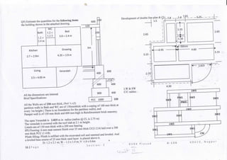 Q5) Estimate the quantities for the following items
the buildingshown in the attached drawing. 600 1!
nn
Kitchen
Bath
1 2 x
2 4 m
2.7 x 2.9m
we
1.2x
1.3 5
Bed
3.0 x 2.4m
Drawing
4.35 x 2,9 m
Living
2.5 x 4.05 m
Verandah ,
^/ .
t
3m
_,
All the dimensions are internal
Brief Specifications:
,
f
/
SO
0
400 _, 6°°
' 600 400
800 400
PCC 1000 150
Development of double line plan &CU 14 _ _i.4.
1.5
LW&SW
C/C raidus:
All the Walls are of 250 mm thick, (9x4 V2 x3)
partition walls in Bath and WC are of 150mmthick with a coping of 100 mm thick at
every 1 m height ( There is no foundation for the partition walls), and
Parapet wall is of 150 mm thick and 600 mm high in Reinforcement brick masonry.
The open Verandah is 2.825 m in radius (radius @ CL is 2.75 m)
The verandah is covered with the roof slab at 2.1 m height.
Lintels are of 150 mm thick with a 200 mm bearing
IPS Flooring: 6 mm neat cement finish over 25 mm thick CC(1:2:4) laid over a 100
mm thick PCC (1:4:8).
Plinth filling: Plinth is refilled with the excavated soil and rammed and leveled. And
a leveled base course of 25 mm thick sand layer is placed above it.
D- 1.2x 2.1m; W- 1.2 x 1.4 m; V -1.0 x 0.6m *
11 | P age S e c t i o n : C
2.65
3.15
2.75
1
1.55
i
T
1AO
-4—
2.65
V
i*
—50mm
4.6u
3.15
4.30
LW3
SiA/3
sw
FW1 !.W3
SW2
1AA/2
SW2
LW2
A/:.
-LWl-
sw:
R V R K P r a s a d A - 1 2 6 K D K C E , N a g p u r
 