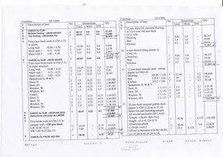 Continue... (IS 1200) Continue... (IS 1200)
s
N
0
0
0
0
6
0
7
0
0
0
8
0
Description of item
CHECK by CLM
Bottom footing ->49.93-4(0.9/2)
Top footing -»49.93-4(0.7/2)
First class brick work in CM (1:5)
in plinth
Long wall 10.06 + 0.50
Short wall 2 3.83-0.50
CHECK by CLM-»49.93-4(0.5/2)
First class brick work in CM (1:5)
in super structure
Long wall 10.06 + 0.23
Short wall 1 4.13-0.23
Short wall 2 3.83-0.23
Deductions D, W & V
Door, D
Door, Dl
Window, W
Window, Wl
Lintels
Door, D
Door, Dl
Window, W
Window, Wl
CHECK by CLM->49.93-4(0.23/2)
Deductions are same as LW/SW
First brick work in CM(1:5) in
parapet wall-»150 mm thick
LW 10.06 +0.23
SW 7.96+0.23-2(0.15)
CHECK-CL =36.96 -4(0.15)=
No
1
1
^
2
^
1
i)
2
->
o
1
2
2
2
1
2
2
2
1
2
2
1
Dimensions
L(m)
48.13
48.53
10.56
3.63
3.33
48.93
10.29
3.9
3.6
1.2
0.9
1.8
1.2
1.5
1.2
2.1
1.5
49.47
10.29
7.89
36.36
B(m)
0.9
0.7 .
0.5
0.5
0.5
0.50
0.23
0.23
0.23
0.23
0.23
0.23
0.23
0.23
0.23
0.23
0.23
0.23
D/H
0.4
0.4
0.6
0.6
0.6
0.6
^ *>
J.3
t •>
j.3
*> *>
j,3
2.1
2.1
1.5
1.5
0.15
0.15
0.15
0.15
3.3
0.75
0.75
0.75
Qty.
17.327
13.588
3U79T5 i
9.504
2.178
2.997
14.679 !
14.679 r|
23.43
5.92
8.197
(-)0.580
(-)0.869
(-)1.242
(00.828
(-)0.052
(-)0.083
(-)0.145
(00.104
33.646
37.548
(-13.902
33.646
15.435
11.835
27.27
27.27
i
1
I
9
1
1J
nr
m
m
rr
S
N
9
10
11
12
2
Description of item
25 mm thick CC concrete flooring
in 1:2:4 over 100 mm thick
CC(1:4:8)
Drawing
Bed
Kitchen
6 mm thick Ceiling plaster in
CM(1:4)
Drawing
Bed
Kitchen
12 mm thick internal sand -mortar
plaster in CM(1:4)
Drawing 2(9.83 + 3.9)
Bed 2 (5.4 + 3.6)
Kitchen 2(4.2 + 3.6)
Deductions D, W & V
Door, D O/2X1)
Door, Dl 0/2x2)
Window, W (!/2xl)
Window, Wl (l /2 xl)
20 mm thick external pebble dash
plaster in CM (1 :3) up to 15 cm
below GL and includingparapet
All-around perimeter (SS Level)
Length ->36.04 +8(0.23/2)
Height ^-3.3+0.125+0.75
All-around plinth
L=36.04 +4x0.5
Off-set in between1/2(36.96+38.04)
[or 10.56x8.46-10.29x8.19]
No
1
1
1
1
1
1
1
1
1
1
2
2
2
1
1
1
Dimensions
L(m)
9.83
5.4
4.2
9.83
5.4
4.2
27.46
18
15.6
1.2
0.9
1.8
1.2
36.96
38.04
37.5
B(m)
3.9
3.6
3.6
3.9
3.6
3.6
0.135
D/H
-
_
3.3
3.3
3.3
2.1
2.1
1.5
1.5
4.175
0.6
Qty.
38.337
19.44
15.12
72.897 m
38.337
19.44
15.12
7? 8Q7 m
90.618
59.4
51.48
(01-26
(03.78
(01-35
(00.9
194.208
154.308
22.824
5.0625
m'
5 | P a g e S e c t i o n R V R K P r a s a d A - 1 2 6 K D K C E , N a g p u r
 