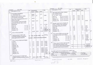 Continue (IS 1200) Continue (IS 1200)
s
N
13
14
15
16
Description of item
15 cm below foundation
L =36.04+8(0.7/2)
Off-set in btn y2(38.04+38.84)
[10.76x8.66-10.56x8.46]
Inner face of parapet36.96-4x0.15
[36.04 +8x0.40]
Top of parapet V2(36.3 6+36.96)
[10.29x8.19-9.99x7.89=5.454]
Deductions
Door, D C/^xl)
Door, Dl (]/2xO)
Window, W f'/jxl)
~  ' /
Window, Wl C/zxl)
CC (1:2:4) in roof slab
Reinforcement in RCC slab
including bending, binding etc
(By approximate method*) ,
CC (1:2:4) in lintels and chajjas
Lintels
Door, D
Door, Dl
Window, W
Window, Wl
/"^l*«!! -.«
Lnajjas
Door, D
Door, Dl
Window, W
Window, Wl
Reinforcement in Lintels and
chajjas including bending, binding
a+f*
No
1
1
1
1
1
2
0
£r
2
1
»— C
etaile
1
2
2
2
1
2
2
2
i—
Dimensions
L(m)
38.84
38.44
36.36
36.66
1.2
1 8
1 <Q
1.2
10.29
01x10.5
d ->BBS
1.5
1.2
2.1
1.5
1.5
1.2
2.1
1.5
O.Olxl
B(m)
-
0.1
-
0.15
-
-
8.19
34 x785'
Bar Ben
0.23
0.23
0.23
0.23
1.0
1.0
1.0
1.0
383 x785
D/H
0.15
-
0.75
-
2.1
1 S
1 *-J
1.5
0.125
) —*•
lingSch
0.15
0.15
0.15
0.15
0.090
0.090
0.090
0090
o —*
Qty.
3.844
5.499
O1.26
0
~j •
(-)0.9
188.028
10.534
0^*7 l
827kg
Miule
0.052
0.083
0.145
0.104
0.135
0.216
0.378
02"?
1.383 n1
'109kg
m
m
S
N
17
18
.
19
20
Description of item
Sal wood work in door,window
and ventilator frame
6' x4' with 1' horns
Door,D 2(1.2+2.1)+4x0.3
Door, Dl 2(0.9+2.0+4x0.3
. Window,W 2( 1 .8+ 1 .5)+4x0.3
Window, W1 2(1 .2+ 1 .5)+4x0.3
Deodar wood work in shutters of
doors, windowsand ventilators
Including railing and shutters
Door, D
Door, Dl
Window, W
Window, Wl ."'
-i ,
Two coats of paint over one coat
of primer on doors and widows
Door, D (1.3x2)
Door, Dl (L3x2)
Window, W (1.3x2)
Window, Wl (1..3 x2)
Three coats of white wash over all
the internal and external walls
For internal walls (internal plaster)
External walls (External plaster)
No
1
2
2
2
1
l
2
2
2
ii
2
2
2
4 _
^^
Dimensions
L(m)
7.8
7.2
7.8
6.6
1 9
1 i.C
0.9
1.8
1.2
1 9
1 tL,
0.9
1.8
1.2
'.*>
B(m)
0.15
0.15
0.15
0.15
-
-
_
For M20 and Fe 415^0.36 fck xu b = 0.85fy Ast;
,3 ;. 100( Ast/bd)= (36 fck/087fy)(xu/d)-> 0.9572%
slabs Beams incl stirrups
0.75 to 1% 1to 1 .25 %
Columns
1.5to 2% J
D/H
0.1
0.1
0.1
0.1
2.1
•2.1
1.5
1.5
? 1
^*1
2.1
1.5
1.5
»,
•
»,.
"-
Qty.
0.765
2 52
4l9*) L*
3.78
5.4
1 f3
8 5*52
jf*J*}£,
9.828
14.04
9.36
41.78
194.208
188.028
382.236
rn3
1 1 1
m2
m2
_ t
m2
Footings
0.5 to 0.75%
6 | P a g e S e c t i o n R V R K P r a s a d A - 1 2 6 K D K C E , N a g p u r
 
