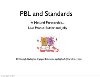 PBL and Standards 
A Natural Partnership... 
Like Peanut Butter and Jelly 
Dr. Shelagh Gallagher, Engaged Education sgallagher5@carolina.rr.com 
Tuesday, September 23, 14 
 