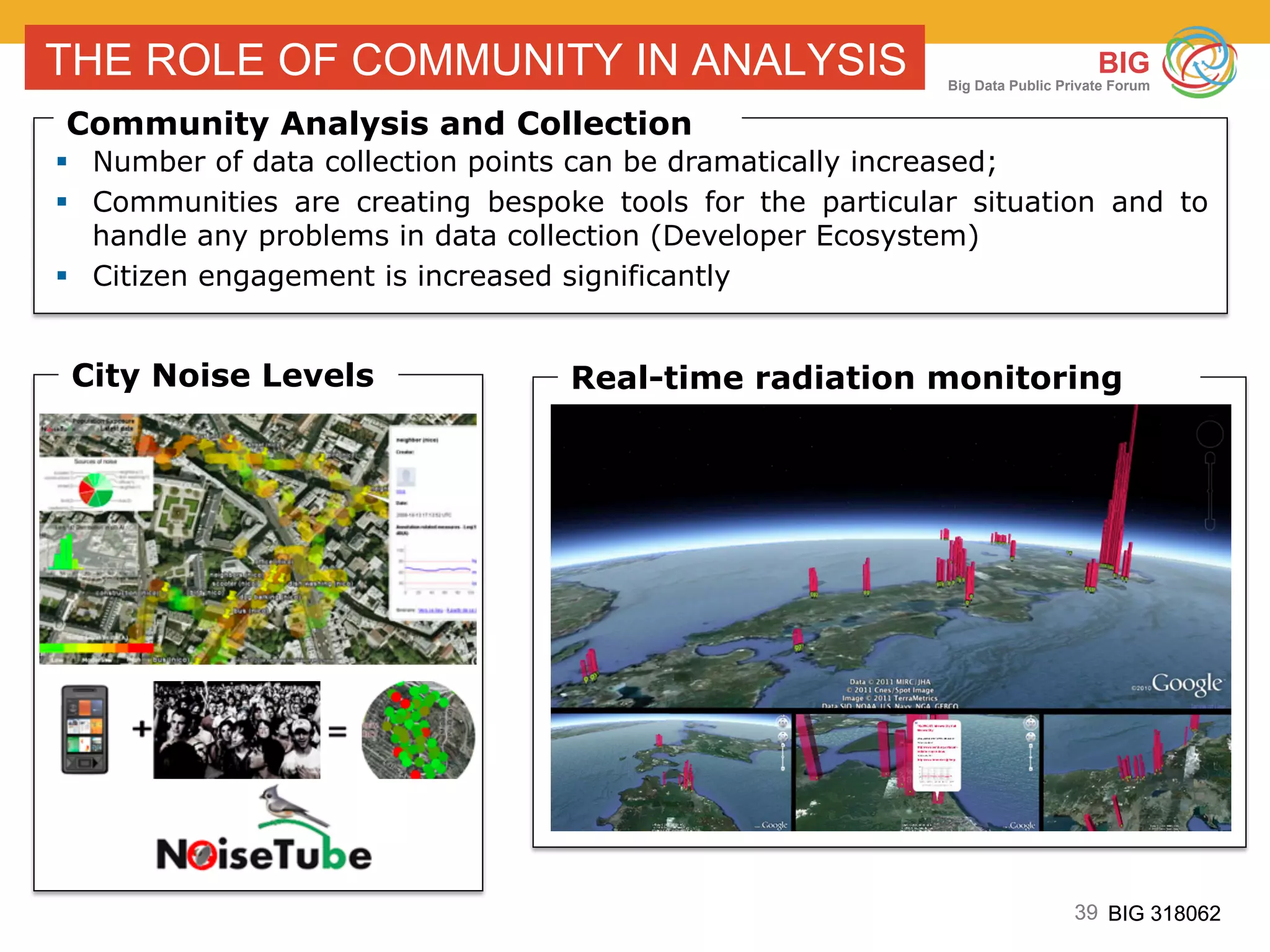 39 BIG 318062
BIG
Big Data Public Private Forum
39 BIG 318062
THE ROLE OF COMMUNITY IN ANALYSIS
Community Analysis and Collection
§  Number of data collection points can be dramatically increased;
§  Communities are creating bespoke tools for the particular situation and to
handle any problems in data collection (Developer Ecosystem)
§  Citizen engagement is increased significantly
Real-time radiation monitoringCity Noise Levels
 