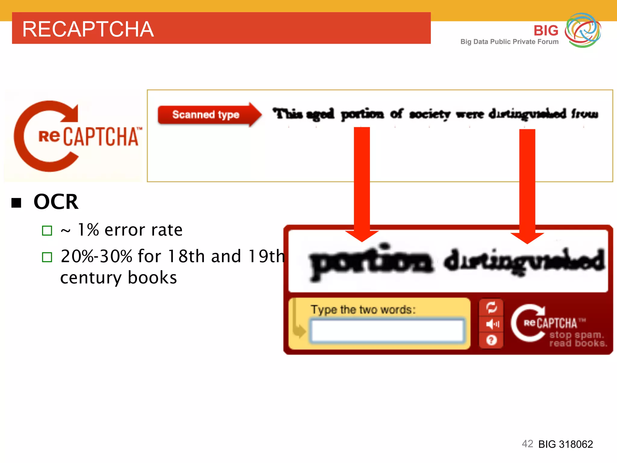 42 BIG 318062
BIG
Big Data Public Private Forum
RECAPTCHA
n  OCR
¨  ~ 1% error rate
¨  20%-30% for 18th and 19th
century books
 