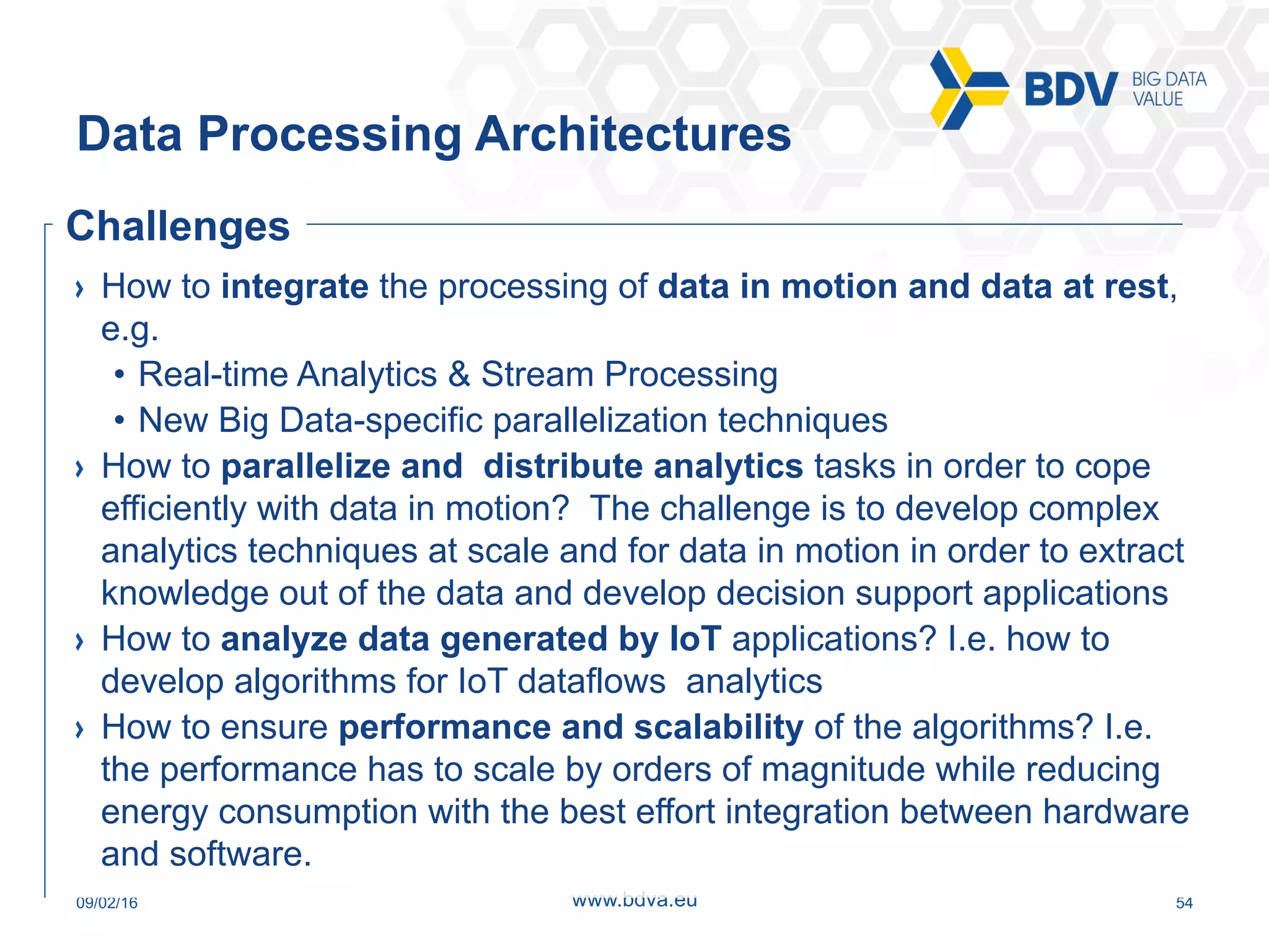 09/02/16 54www.bdva.eu
  How to integrate the processing of data in motion and data at rest,
e.g.
•  Real-time Analytics & Stream Processing
•  New Big Data-specific parallelization techniques
  How to parallelize and distribute analytics tasks in order to cope
efficiently with data in motion? The challenge is to develop complex
analytics techniques at scale and for data in motion in order to extract
knowledge out of the data and develop decision support applications
  How to analyze data generated by IoT applications? I.e. how to
develop algorithms for IoT dataflows analytics
  How to ensure performance and scalability of the algorithms? I.e.
the performance has to scale by orders of magnitude while reducing
energy consumption with the best effort integration between hardware
and software.
Data Processing Architectures
Challenges
 