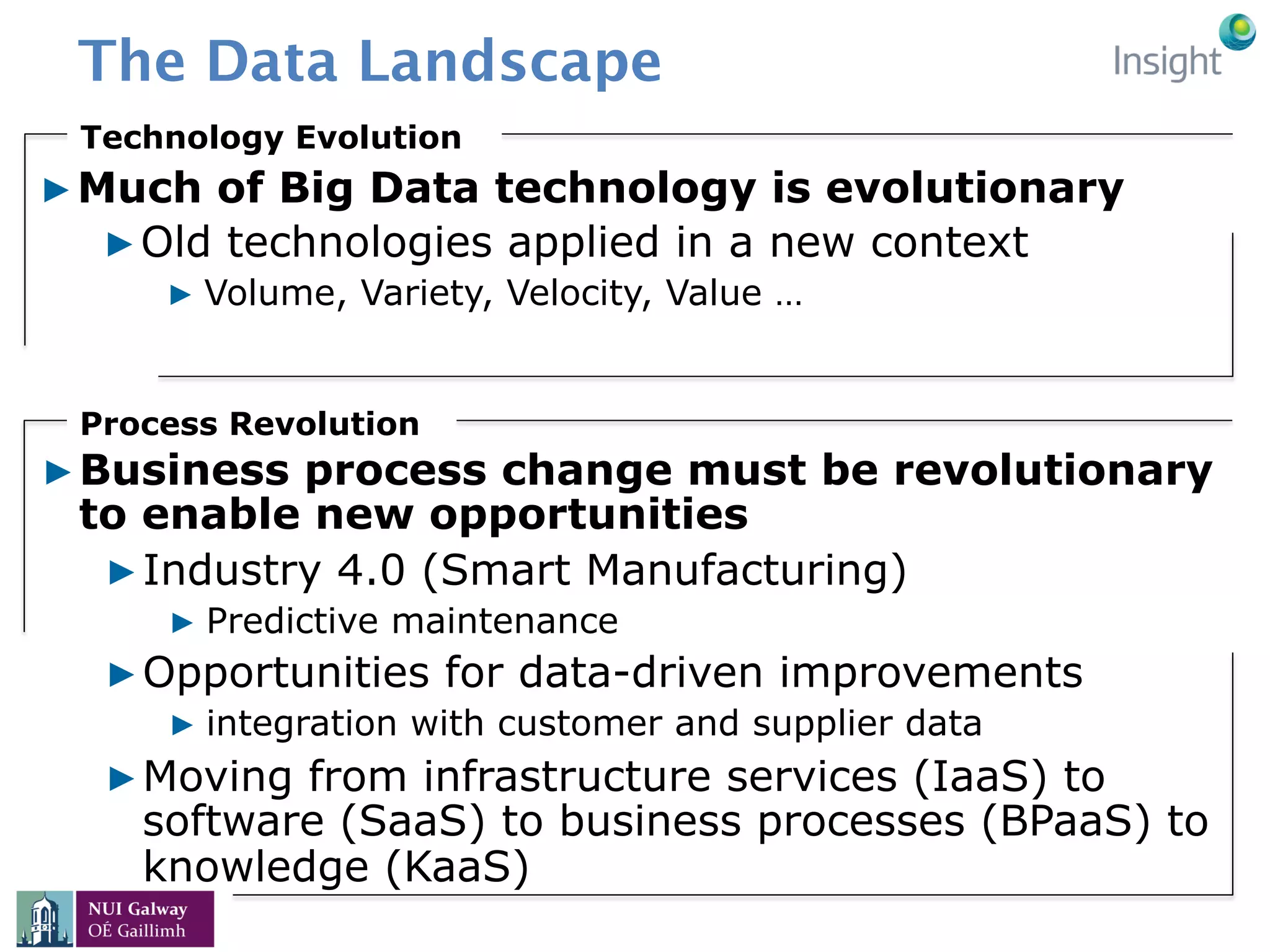 The Data Landscape
▶ Much of Big Data technology is evolutionary
▶ Old technologies applied in a new context
▶ Volume, Variety, Velocity, Value …
Technology Evolution
Process Revolution
▶ Business process change must be revolutionary
to enable new opportunities
▶ Industry 4.0 (Smart Manufacturing)
▶ Predictive maintenance
▶ Opportunities for data-driven improvements
▶ integration with customer and supplier data
▶ Moving from infrastructure services (IaaS) to
software (SaaS) to business processes (BPaaS) to
knowledge (KaaS)
 