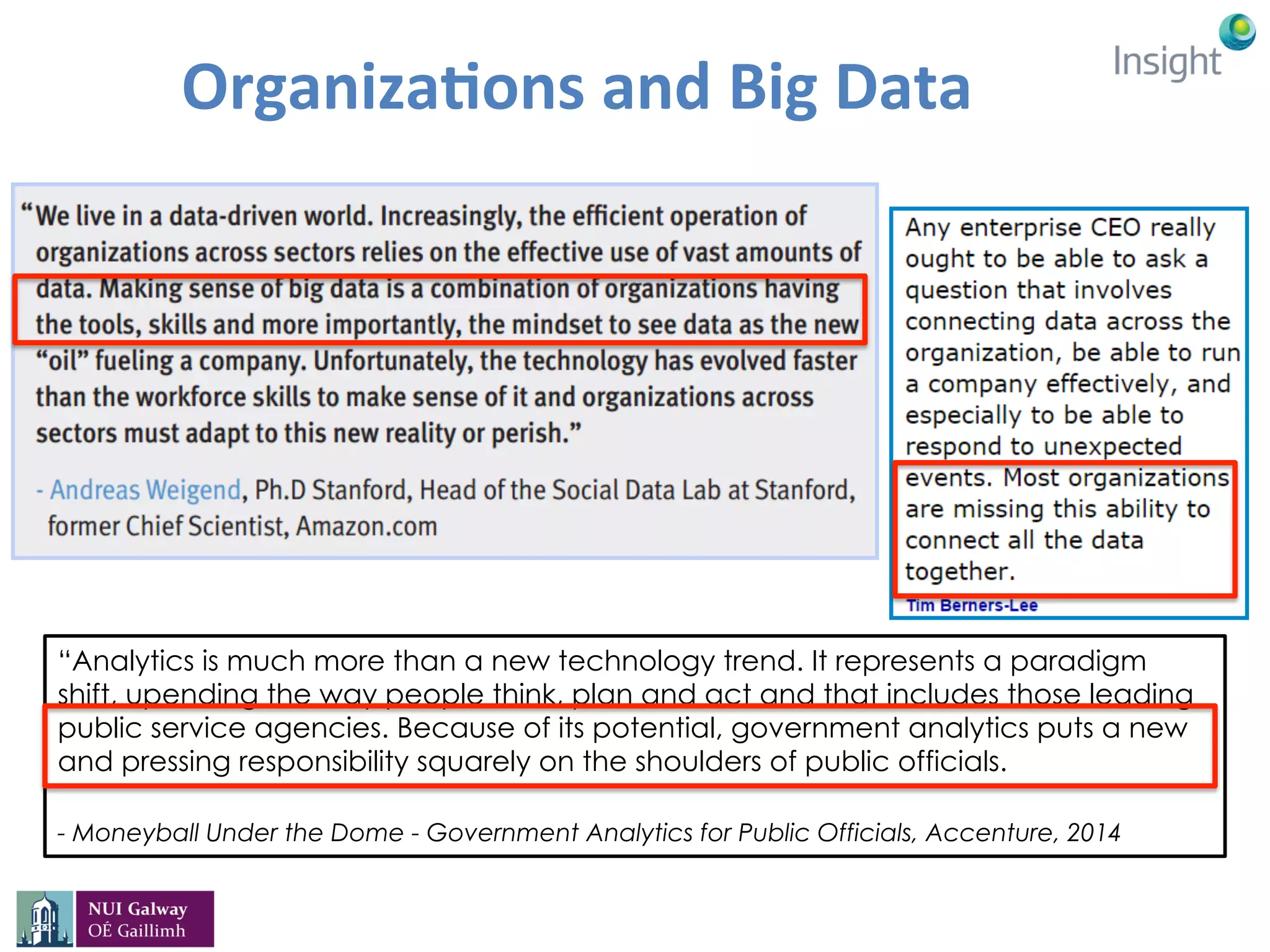Organiza(ons	and	Big	Data	
“Analytics is much more than a new technology trend. It represents a paradigm
shift, upending the way people think, plan and act and that includes those leading
public service agencies. Because of its potential, government analytics puts a new
and pressing responsibility squarely on the shoulders of public officials.
- Moneyball Under the Dome - Government Analytics for Public Officials, Accenture, 2014
 