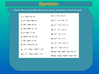 Determina la naturaleza de las soluciones utilizando el discriminante 