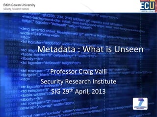 Security Research Institute
Edith Cowan University
Metadata : What is Unseen
Professor Craig Valli
Security Research Institute
SIG 29th April, 2013
 