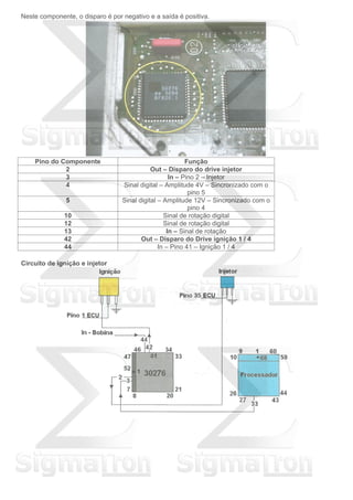 Neste componente, o disparo é por negativo e a saída é positiva.
Pino do Componente Função
2 Out – Disparo do drive injetor
3 In – Pino 2 – Injetor
4 Sinal digital – Amplitude 4V – Sincronizado com o
pino 5
5 Sinal digital – Amplitude 12V – Sincronizado com o
pino 4
10 Sinal de rotação digital
12 Sinal de rotação digital
13 In – Sinal de rotação
42 Out – Disparo do Drive ignição 1 / 4
44 In – Pino 41 – Ignição 1 / 4
Circuito de ignição e injetor
 
