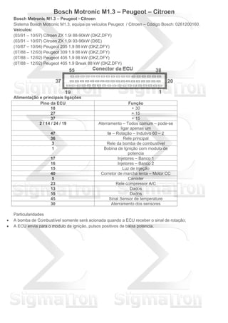 Bosch Motronic M1.3 – Peugeot – Citroen
Bosch Metronic M1.3 – Peugeot - Citroen
Sistema Bosch Motronic M1.3, equipa os veículos Peugeot / Citroen – Código Bosch: 0261200160.
Veículos:
(03/91 – 10/97) Citroen ZX 1.9i 88-90kW (DKZ,DFY)
(03/91 – 10/97) Citroen ZX 1.9i 93-96kW (D6E)
(10/87 – 10/94) Peugeot 205 1.9 88 kW (DKZ,DFY)
(07/88 – 12/93) Peugeot 309 1.9 88 kW (DKZ,DFY)
(07/88 – 12/92) Peugeot 405 1.9 88 kW (DKZ,DFY)
(07/88 – 12/92) Peugeot 405 1.9 Break 88 kW (DKZ,DFY)
Alimentação e principais ligações
Pino da ECU Função
18 + 30
27 + 15
37 + 15
2 / 14 / 24 / 19 Aterramento – Todos comum – pode-se
ligar apenas um
47 In – Rotação – Indutivo 60 – 2
36 Rele principal
3 Rele da bomba de combustivel
1 Bobina de Ignição com modulo de
potencia
17 Injetores – Banco 1
16 Injetores – Banco 2
15 Luz de injeção
40 Corretor de marcha lenta – Motor CC
5 Canister
23 Rele compressor A/C
13 Dados
55 Dados
45 Sinal Sensor de temperature
30 Aterramento dos sensores
Particularidades
 A bomba de Combustível somente será acionada quando a ECU receber o sinal de rotação;
 A ECU envia para o modulo de ignição, pulsos positivos de baixa potencia.
 