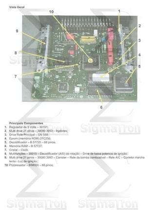 Vista Geral
Principais Componentes
1. Regulador de 5 Volts – 30191;
2. Multi drive 21 pinos – 30080 3993 – Injetores;
3. Drive Rele Principal – ON 588;
4. Eprom (memória ROM) 27C256;
5. Decodificador – B 57725 – 68 pinos;
6. Memória RAM – B 57727;
7. Cristal – Clock;
8. Multifunções – 30015 – Decodificador (A/D) de rotação – Drive de baixa potencia de ignição;
9. Multi drive 21 pinos – 30080 3993 – Canister – Rele da bomba combustível – Rele A/C – Corretor marcha
lenta - Luz de ignição;
10. Processador – B58024 – 68 pinos;
 