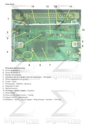 Vista Geral
Principais Componentes
1. Drives de ignição 1;
2. Drives de ignição 2;
3. Resistor de proteção;
4. Conversor A/D de rotação e drive de conta-giros – 258 pinos;
5. Drives secundários de ignição;
6. Cristal – Clock;
7. Processador – B58472 – 68 pinos;
8. Regulador 5 volts;
9. Memória eprom;
10. Multidrive – 30373 – Injetor – 15 pinos;
11. Diodo Zener;
12. Drive corretor marcha lenta – 7 pinos;
13. Eeprom 24C02 – Imobilizador;
14. Multidrive – 30373 – Luz de injeção – Rele principal – Canister – 15 Pinos;
 