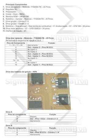 Principais Componentes
1. Drive dos ejetores – Motorola - TY94084 FB – 20 Pinos;
2. Regulador 5V;
3. Processador;
4. Cristal – Clock – 8MHz;
5. Memória ROM – 29F200 BB;
6. Multidrive – Canister – Motorola – TY94084 FB – 20 Pinos;
7. Drive ignição – Cilindro 1 / 4;
8. Drive ignição – Cilindro 2 / 3;
9. Multidrive – Rele principal – Rele bomba de combustível – V1 Arrefecimento – ST – ATM 398 – 20 pinos;
10. Drive motor de passo – ST – U705 SDIC03 – 20 pinos;
11. Interface de rotação – ST.
Drive dos injetores – Motorola – TY94084 FB – 20 Pinos
Na bancada a sequencia de injeção é 2 à 2.
Pino do Componente Função
1 – 10 – 11 – 20 Aterramento
2 Out – Injetor 2 – Pino 90 ECU
4 In- Injetor 2
8 In- Injetor 4
9 Out – Injetor 4 – Pino 89 ECU
12 Out – Injetor 3 – Pino 60 ECU
13 In- Injetor 3
14 - 15 + 5V
17 In- Injetor 1
19 Out – Injetor 1 – Pino 59 ECU
Drive das bobinas de ignição – NPN
Drive A
Pino do componente Função
1 Disparo
2 Out – Pino 1 ECU – Cilindro 2 / 3
3 Aterramento
Drive B
Pino do componente Função
1 Disparo
2 Out – Pino 32 ECU – Cilindro 1 / 4
3 Aterramento
 