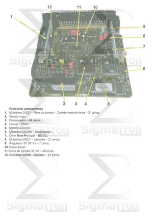 Principais componentes
1. Multidrive 30221 – Rele da bomba – Corretor marcha lenta – 21 pinos;
2. Sensor map;
3. Processador – 84 pinos;
4. Cristal – Clock;
5. Memória Eprom;
6. Memória 93CS46 – Imobilizador;
7. Drive Rele Principal – BDX53;
8. Multidrive 30221 – Injetores – 21 pinos;
9. Regulador 5V 30191 – 7 pinos;
10. Diodo Zener;
11. Drive de ignição 30116 – 28 pinos;
12. Multidrive 30166 – Canister – 21 pinos;
 