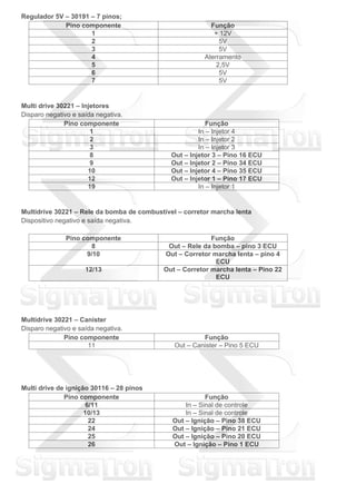 Regulador 5V – 30191 – 7 pinos;
Pino componente Função
1 + 12V
2 5V
3 5V
4 Aterramento
5 2,5V
6 5V
7 5V
Multi drive 30221 – Injetores
Disparo negativo e saída negativa.
Pino componente Função
1 In – Injetor 4
2 In – Injetor 2
3 In – Injetor 3
8 Out – Injetor 3 – Pino 16 ECU
9 Out – Injetor 2 – Pino 34 ECU
10 Out – Injetor 4 – Pino 35 ECU
12 Out – Injetor 1 – Pino 17 ECU
19 In – Injetor 1
Multidrive 30221 – Rele da bomba de combustível – corretor marcha lenta
Dispositivo negativo e saída negativa.
Pino componente Função
8 Out – Rele da bomba – pino 3 ECU
9/10 Out – Corretor marcha lenta – pino 4
ECU
12/13 Out – Corretor marcha lenta – Pino 22
ECU
Multidrive 30221 – Canister
Disparo negativo e saída negativa.
Pino componente Função
11 Out – Canister – Pino 5 ECU
Multi drive de ignição 30116 – 28 pinos
Pino componente Função
6/11 In – Sinal de controle
10/13 In – Sinal de controle
22 Out – Ignição – Pino 38 ECU
24 Out – Ignição – Pino 21 ECU
25 Out – Ignição – Pino 20 ECU
26 Out – Ignição – Pino 1 ECU
 