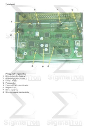 Vista Geral
Principais Componentes
1. Drive de ignição - Bobina 1;
2. Drive de ignição – Bobina 2;
3. Cristal – Clock;
4. Processador;
5. Eeprom 93S46 – Imobilizador;
6. Regulador 5V;
7. Drives injetores;
8. Drive corretor da marcha lenta;
 