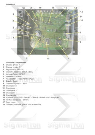 Vista Geral
Principais Componentes
1. Drive de ignição 1;
2. Drive de ignição 2;
3. Regulador 5V – L9170;
4. Capacitor eletrônico 220 uF x 50V;
5. Memória Rom – 28F512;
6. Processador auxiliar;
7. Processador – TMS374C003APQQ;
8. Cristal – Clock;
9. Drive motor passo – L9122;
10. Drive injetor 2;
11. Drive injetor 1;
12. Drive injetor 3;
13. Drive injetor 4;
14. Drive canister;
15. Multidrive – CA 3262 – Rele A/C – Rele A – Rele B – Luz de injeção;
16. Interface de rotação – L9101;
17. Diodo zener;
18. Drive secundário de ignição – SC370606 DW.
 