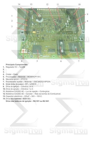 Principais Componentes:
1. Regulador 5V – Tip32B
2. ;
3. ;
4. Cristal – Clock;
5. Processador – Motorola – MC68HCP11A1;
6. Memória eprom – 27C512;
7. Processador auxiliar – Motorola – GSC38GG318PG04;
8. Drive motor de passo – ST – L298 M;
9. Drive de ignição – Cilindros 2 e 3;
10. Drive de ignição – Cilindros 1 e 4;
11. Multidrive CA3262 AE – Luz de injeção – Conta-giros;
12. Multidrive CA3262 AE – Canister – Rele da bomba de Combustível;
13. Capacitor eletrônico – 220uF – 50V – 105 C;
14. Drive dos injetores – BUK 553.
Drive das bobinas de ignição – BU 931 ou BU 941
 