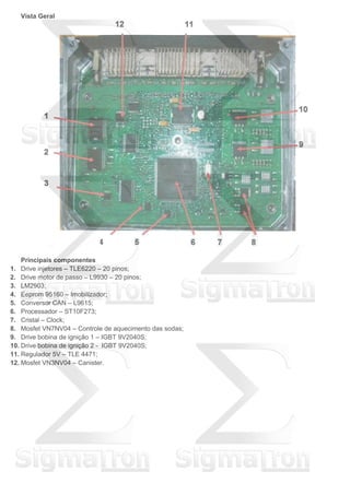 Vista Geral
Principais componentes
1. Drive injetores – TLE6220 – 20 pinos;
2. Drive motor de passo – L9930 – 20 pinos;
3. LM2903;
4. Eeprom 95160 – Imobilizador;
5. Conversor CAN – L9615;
6. Processador – ST10F273;
7. Cristal – Clock;
8. Mosfet VN7NV04 – Controle de aquecimento das sodas;
9. Drive bobina de ignição 1 – IGBT 9V2040S;
10. Drive bobina de ignição 2 - IGBT 9V2040S;
11. Regulador 5V – TLE 4471;
12. Mosfet VN3NV04 – Canister.
 