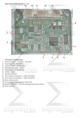 Vista Geral S2000 Modelo 2 – C3
Principais Componentes
1. Drives injetores – TLE6220 – 20 pinos;
2. Regulador 5V – TLE 4471;
3. Eeprom 95160 – Imobilizador;
4. Decodificador CAN – L9615;
5. Processador ST10F269-Q3;
6. Cristal – Clock;
7. Memória 29F200;
8. Drive bobina de ignição 1 – IGBT 9V2040S;
9. Drive bobina de ignição 2 – IGBT 9V2040S;
10. Drive rele principal;
11. Drive corretor marcha lenta – MC33186;
12. Mosfet VN7NV04 – Controle de aquecimento das sondas;
13. Drive canister;
 