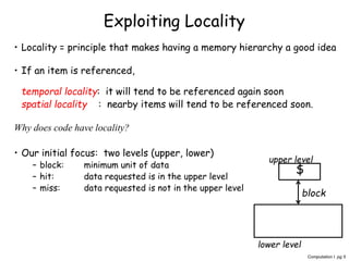 Computation I pg 5
Exploiting Locality
• Locality = principle that makes having a memory hierarchy a good idea
• If an item is referenced,
temporal locality: it will tend to be referenced again soon
spatial locality : nearby items will tend to be referenced soon.
Why does code have locality?
• Our initial focus: two levels (upper, lower)
– block: minimum unit of data
– hit: data requested is in the upper level
– miss: data requested is not in the upper level
block
$
lower level
upper level
 