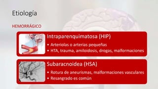 Etiología
HEMORRÁGICO
Intraparenquimatosa (HIP)
• Arteriolas o arterias pequeñas
• HTA, trauma, amiloidosis, drogas, malformaciones
Subaracnoidea (HSA)
• Rotura de aneurismas, malformaciones vasculares
• Resangrado es común
 