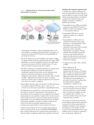 Figura 1: Implementación de comunicaciones gestionadas
                                                                                                                                                                                                   Análisis del impacto operacional
                                                                                                               del proveedor de servicios                                                          A medida que emergen despliegues de
                                                                                                                                                                                                   servicios gestionados, los proveedores de
                                                                                                                                                                                                   servicios líderes se están moviendo desde
                                                                                                                      Portafolio de comunicaciones gestionadas del proveedor de servicios          ofertas muy fragmentadas e incompletas
                                                                                                                                                                                                   a paquetes de comunicaciones para
                                                                                                                              INAP                     CAMEL                      SIP              empresas integrados, completos y
                                                                                                                                                                                                   ﬂexibles que incluyen:
                                                                                                                                                                                                   • Capacidades de tipo PBX que también
                                                                                                                                                                                 IP                 contienen capacidades IP Centrex y
                                                                                                                          RPTC                     PLMN
                                                                                                                                                                                                    Wireless Centrex para dirigirse a SoHo
                                                                                                                                                                                                    y a las pequeñas empresas
                                                                                                                                                                                                   • Capacidades VPN (para soportar
                                                                                                                                                                                                    empresas virtuales y/o a empresas
                                                                                                                                                                                                    multi-sitio)
                                                                                                                          PBX                   Teléfono 2G             IP PBX, Teléfono 3G,       • Capacidades  de colaboración. Los
                                                                                                                                                                          Teléfono dual 2G,
                                                                                                                                                                  Teléfono SIP, Navegadores Web,
                                                                                                                                                                                                    servidores de presencia típicos que
                                                                                                                                                                       Terminales RCS (1H’09)       pertenecen a un departamento TI de
                                                                                                                                                                                                    una empresa sólo contienen
                                                                                                                                                                                                    información de presencia de los puntos
                                                                                                                                                                                                    ﬁnales que están conectados
                                                                                                                requerimientos formales y a listas de especiﬁcaciones), sino                        directamente a la empresa. El valor
                                                                                                                que también se encargaría del mantenimiento del equipo. La                          añadido adicional del proveedor de
                                                                                                                ausencia de un personal de TI pasa las responsabilidades al                         servicios es que pueden ofrecer la
                                                                                                                proveedor de servicios.                                                             agenda de direcciones de toda la red e
                                                                                                               • Eltipo de equipo que ya está instalado en la empresa. Podría                       información de presencia fuera de los
                                                                                                                ser equipo basado en IP pero también podría ser equipo TDM.                         límites de la empresa.
                                                                                                                Igualmente, ya que la movilidad es cada vez más importante,                        • Conferencia   de audio, vídeo y basada
                                                                                                                se necesitan incorporar teléfonos móviles (tanto 2G como                            en Web
                                                                                                                3G) en la red de comunicaciones de la empresa.
                                                                                                                                                                                                   • Una combinación de
                                                                                                               • Sedeben evaluar las necesidades especíﬁcas de comunicación.                        implementaciones basadas en
                                                                                                                Es importante establecer el estado de colaboración                                  instalaciones del cliente y en red para
                                                                                                                (incluyendo agenda de direcciones en red, información de                            abarcar todos los tamaños de empresa.
                                                                                                                presencia, mensajería instantánea, clic para llamar),                               Una combinación ideal serían las IP
                                                                                                                conferencia (que incluye conferencia de audio, vídeo y basada                       PBXs gestionadas (en las instalaciones
                                                                                                                en Web – importante para ahorrar en gastos de viaje) y                              del cliente pero gestionadas por el
                                                                                                                atención al cliente (que va desde una persona en la recepción                       proveedor de servicios) y aplicaciones
                                                                                                                a un centro de contacto completo).                                                  de telefonía IP de múltiples
                                                                                                               • Necesidades especíﬁcas de la red de datos: Se debe determinar                      arrendatarios y basadas en red.
                                                                                                                si la empresa requiere VPNs de capa 2 o capa 3 y si se
                                                                                                                                                                                                   • Conectividad  ﬁja y móvil. Esto permite
                                                                                                                necesita acceso de negocio gestionado o seguridad gestionada.
                                                                                                                                                                                                    que un proveedor de servicios ofrezca
A l c a t e l - L u c e n t e n r i c h i n g c o m m u n i c a t i o n s > l a e m p re s a d i n á m i c a




                                                                                                               Al implementar un portafolio de comunicaciones gestionadas                           servicios exclusivos a través de redes
                                                                                                               que tenga en cuanta los requerimientos antes descritos, el                           ﬁjas y móviles, por ejemplo, servicios
                                                                                                               proveedor de servicios puede tratar una amplia base de clientes                      convergentes ﬁjos y móviles o un
                                                                                                               empresariales con un portafolio completo. Esto no sólo coloca a                      servicio de número único que incluye
                                                                                                               un proveedor de servicios como una tienda integral de clientes                       terminales ﬁjos y móviles.
                                                                                                               empresariales, sino que también sienta las bases para establecer
                                                                                                                                                                                                   Los actores con éxito de este mercado
                                                                                                               asociaciones estratégicas con ellos. La Figura 1 muestra una
                                                                                                                                                                                                   están también suministrando soluciones
                                                                                                               visión de la red de una posible implementación de
                                                                                                                                                                                                   de atención al cliente gestionadas de
                                                                                                               comunicaciones gestionadas de un proveedor de servicios.
                                                                                                                                                                                                   múltiples arrendatarios. Esto permite a
                                                                                                               Aunque los proveedores de servicios pueden aprovechar sus                           las empresas no sólo reducir su TCO
                                                                                                               activos centrales (red de acceso, rede ﬁja/móvil/NGN/IMS)                           (coste total de propiedad) total sino que
                                                                                                               para construir aplicaciones de comunicaciones gestionadas, la                       también tener en cuenta los repentinos
                                                                                                               solución óptima es implantar aplicaciones agnósticas de la red.                     picos de demanda. Además, los


42
 