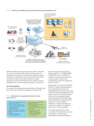 Figura 1: Infraestructura WAN para tareas críticas de aplicaciones de protección civil

                                                                                Gestión de la seguridad
                                                                                Gestión de la dirección IP
                                                                                Gestión de red


                                           Los servicios de Alcatel-Lucent
                                            complementan los recursos
                                            existentes y reduce el riesgo
                                                de la transformación

 Interfuncionamiento
    y colaboración                                            Alámbrica/               Centro de comando y control        PBX   LMRCC
                                                             inalámbrica
                                                               pública
                          Usuarios           Internet
                          remotos
Servicios de bomberos
                                                                                            Despacho central             AMDS
                      Capacidades
                      inalámbricas               Infraestructura WAN
                    de banda ancha                  de tarea crítica
                   para complementar
    Ambulancia         LMR/TETRA



                                                                                                                  Vigilancia
                                                                                                               por vídeo CCTV
       Policía
                        Gobierno local


                    Auditoria de acceso             Escuelas, hospitales,
                  seguro a lainformación                  estadios
                                                                                  Infraestructura crítica     Áreas de elevada
                                               Infraestructura WAN para tareas                                   criminalidad
                                          críticas como una base para la vigilancia                           Alertas por mensajes
                                           por vídeo y las comunicaciones móviles                         de emergencia automatizados




limitado volumen que maneja el mercado. Nuevas soluciones                                protección civil de Alcatel-Lucent
de comunicaciones de banda ancha para protección civil                                   basada en DO Rev A (CDMA2000®
construidas con productos comerciales de calidad de operador                             1xEV-DO Revision A). DO Rev A
fabricados en serie bajan el coste de propiedad al aprovechar                            cumple los requisitos especiales de las
economías de escala, reduciendo los gastos en equipo,                                    comunicaciones de datos a alta
operaciones de red y mantenimiento. Esto también mejora la                               velocidad para equipos de emergencias
ﬁabilidad y ofrece una diversidad de dispositivos económicos.                            de tareas críticas.
                                                                                         Funcionando en la banda de 700 MHz,
Un claro ejemplo

                                                                                                                                        Alcatel-Lucent enriching communications > volumen 3 > número 1 > 2009
                                                                                         DO Rev A rebasa espectacularmente a
Un ejemplo de una infraestructura inalámbrica de banda ancha                             la serie limitada de las soluciones
para tareas críticas basada en estándares es la solución de                              desplegadas en la banda para protección
                                                                                         civil de 4,9 GHz (aproximadamente 300
                                                                                         yardas o menos con cobertura de línea
Tabla 1: Aplicaciones con capacidad de banda ancha para                                  de vista). Las tecnologías de banda
protección civil                                                                         ancha en la banda de 700 MHz llegan
                                                                                         hasta 29 kilómetros (dependiendo del
 • Flujo continuo de vídeo (vigilancia,      • Acceso remoto a bases de datos            terreno) en entornos urbanos,
   monitorización remota)                    • Mensajería de texto                       suburbanos y rurales, asegurando una
 • Difusión (multidifusión) de audio         • Telemetría/diagnósticos remotos
   ó vídeo enviado simultáneamente           • Pulsar para hablar con
                                                                                         cobertura por kilómetro cuadrado de
   a múltiples terminales                      establecimiento rápido de llamada         menor coste y mayor capacidad.
 • Imágenes digitales                        • Acceso Web
 • Posición automática de vehículos          • Voz sobre IP, que incluye                 Y, la banda ancha proporciona las
 • Despacho ayudado por ordenador              interoperabilidad con la
 • E-mail                                      infraestructura tradicional               velocidades y la baja latencia necesarias
 • Mapeado/GIS (sistema de                     y la nueva LMR mediante                   para soportar comunicaciones
   información geográfica)                     el uso de pasarelas
                                                                                         multimedia en tiempo real (Figura 1).

                                                                                                                                        47
 