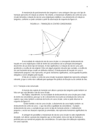 85
A manutenção do posicionamento das tangentes é uma vantagem clara que este tipo de
transição apresenta em relação ao anterior. No entanto, a manutenção simultânea do centro da curva
circular demanda a redução do raio da curva original para viabilizar o seu afastamento em relação às
tangentes, conforme se pode constatar a partir da observação do esquema da figura 6.4.
FIGURA 6.4 – TRANSIÇÃO A CENTRO CONSERVADO
A necessidade de redução do raio da curva circular e o conseqüente deslocamento do
traçado em curva original para o lado de dentro da concordância são as principais desvantagens
decorrentes do uso deste tipo de transição. A mais significativa é a redução do raio de curva, pois
geralmente a escolha do raio original é feita com algum propósito relevante (por exemplo, a escolha de
um raio fracionário tal que resulte em deflexões inteiras). O deslocamento do traçado em curva é
relativamente pequeno e não representa, em geral, transtornos significativos, exceto quando há pontos
obrigados a serem atingidos pelo traçado.
O fato de se manter o centro da curva circular na posição original não representa vantagem
relevante, já que o centro não é utilizado para quaisquer fins práticos de locação ou de controle do eixo.
6.3.3 Transição a raio conservado
A inserção das espirais de transição sem alterar a posição das tangentes pode também ser
feita sem que seja alterado o raio da curva circular.
Isto implica, naturalmente, na necessidade de deslocamento da curva circular para o lado
de dentro da concordância, para que se dê o afastamento necessário àa comodação dos ramos de
espiral, o que reduz também a extensão do trecho em curva circular, como se pode observar no
esquema da figura 6.5.
Sendo mantido o raio da curva circular, o afastamento da curva implica também no
deslocamento do centro da curva – o que não afeta a qualidade da concordância . O próprio
deslocamento da curva, a exemplo do que ocorre no tipo de transição anterior, é relativamente
pequeno e, exceto nas situações especiais já comentadas, não representa transtornos significativos na
prática.
A vantagem de possibilitar a manutenção do raio da curva circular no valor originalmente
desejado, sem alterar a posição das tangentes que se interceptam, torna este tipo de transição o
preferido para uso normal nos projetos das concordâncias. Os outros tipos têm utilização esporádica,
em casos especiais.
O
I
PI(PC)
(PT)
R'
R
p
p
 