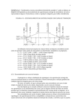 91
EXEMPLO 6.2 : Considerando a mesma concordância horizontal do exemplo 6.1, pode-se elaborar um
diagrama correspondente ao desenvolvimento da superelevação ao longo da concordância, tal como o
representado na figura 6.10 (incentiva-se o leitor a reproduzir o diagrama, para melhor entendimento).
FIGURA 6.10 – DESENVOLVIMENTO DA SUPERELEVAÇÃO COM CURVA DE TRANSIÇÃO
As inclinações transversais da pista nas estacas inteiras ao longo da concordância (assim
como em quaisquer outros pontos do eixo) podem ser determinadas calculando-se as proporções:
e3+ 0,00m = (2,79 / 12,99). (- 2,000) = - 0,430 % (faixa esquerda);
e3+0,00m = 2,000 % (faixa direita, por leitura direta);
e4+0,00m = (17,21 / 50,00). 7,700 = 2,650 % (ambas as faixas);
e5+0,00m = (37,21 / 50,00). 7,700 = 5,730 % (ambas as faixas);
e6+0,00m = 7,700 % (ambas as faixas, curva circular);
e7+0,00m = 7,700 % (ambas as faixas, curva circular);
e8+0,00m = (43,59 / 50,00). 7,700 = 6,713 % (ambas as faixas);
e9+0,00m = (23,59 / 50,00). 7,700 = 3,633 % (ambas as faixas);
e10+0,00m = (3,59 / 50,00). 7,700 = 0,553 % (faixa esquerda);
e10+0,00m = 2,000 % (faixa direita, por leitura direta).
6.5.2 Desenvolvimento sem curva de transição
O princípio de se efetuar a distribuição da superlargura e da superelevação ao longo das
curvas de transição baseia-se na idéia de aproveitar a mesma extensão para a variação gradativa das
condições típicas de tangente para as de curva circular.
Há casos, no entanto, em que se deseja manter uma concordância com curva circular
simples no projeto do eixo de uma rodovia, dispensando o uso de curvas de transição.
Isso não impede que os veículos continuem a descrever trajetórias naturais de transição
nas aproximações (e nos afastamentos) das curvas, pois as larguras normais das faixas de trânsito
permitem que os motoristas acomodem os posicionamentos dos veículos desde as tangentes, ao se
aproximarem das curvas, tendendo a tangenciar os bordos internos das faixas de percurso nas curvas.
Nas concordâncias com curvas circulares simples procura-se efetuar o desenvolvimento da
superlargura e da superelevação de forma a compatibilizar a variação dessas características das
seções transversais com as trajetórias naturais de transição dos veículos, e de forma a que os usuários
TS1=3+2,79m
ST1=10+3,59m
2+9,80m
3+15,78m
10+16,58m
2,79m
12,99m 50,00m 50,00m40,80m
9+10,60m
2 11109876543
CS1=7+13,59m
SC1=5+12,79m
Faixa interna
(esquerda)
Faixa externa
(direita)
Faixa interna
(esquerda)
Faixa externa
(direita)
-2,000%
0,000%
2,000%
-2,000%
0,000%
2,000%
7,700% 7,700%
17,21m
37,21m
3,59m
23,59m
43,59m
12,99m
LC LCLT LTDC
 