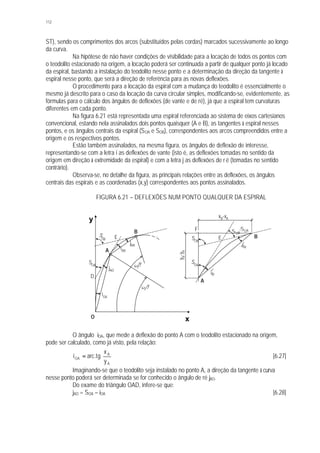 112
ST), sendo os comprimentos dos arcos (substituídos pelas cordas) marcados sucessivamente ao longo
da curva.
Na hipótese de não haver condições de visibilidade para a locação de todos os pontos com
o teodolito estacionado na origem, a locação poderá ser continuada a partir de qualquer ponto já locado
da espiral, bastando a instalação do teodolito nesse ponto e a determinação da direção da tangente à
espiral nesse ponto, que será a direção de referência para as novas deflexões.
O procedimento para a locação da espiral com a mudança do teodolito é essencialmente o
mesmo já descrito para o caso da locação da curva circular simples, modificando-se, evidentemente, as
fórmulas para o cálculo dos ângulos de deflexões (de vante e de ré), já que a espiral tem curvaturas
diferentes em cada ponto.
Na figura 6.21 está representada uma espiral referenciada ao sistema de eixos cartesianos
convencional, estando nela assinalados dois pontos quaisquer (A e B), as tangentes à espiral nesses
pontos, e os ângulos centrais da espiral (SOA e SOB), correspondentes aos arcos compreendidos entre a
origem e os respectivos pontos.
Estão também assinalados, na mesma figura, os ângulos de deflexão de interesse,
representando-se com a letra i as deflexões de vante (isto é, as deflexões tomadas no sentido da
origem em direção à extremidade da espiral) e com a letra j as deflexões de ré (tomadas no sentido
contrário).
Observa-se, no detalhe da figura, as principais relações entre as deflexões, os ângulos
centrais das espirais e as coordenadas (x,y) correspondentes aos pontos assinalados.
FIGURA 6.21 – DEFLEXÕES NUM PONTO QUALQUER DA ESPIRAL
O ângulo iOA, que mede a deflexão do ponto A com o teodolito estacionado na origem,
pode ser calculado, como já visto, pela relação:






=
A
A
OA
y
x
tg.arci [6.27]
Imaginando-se que o teodolito seja instalado no ponto A, a direção da tangente à curva
nesse ponto poderá ser determinada se for conhecido o ângulo de ré jAO.
Do exame do triângulo OAD, infere-se que:
jAO = SOA – iOA [6.28]
SOB
S
OA
x
y
iOA
iAB
O
B
A
E
D
SOA
SOB
jAO
jBA
A
BE
F
SOA
iAB
SOB
SOB
-SOA
jBA
xB-xA
yB-yA
 