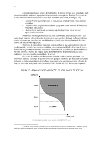 10
A consideração dessas funções de mobilidade e de acesso forma a base conceitual a partir
da qual as rodovias podem ser agrupadas hierarquicamente nos seguintes Sistemas Funcionais, de
acordo com as características básicas dos serviços oferecidos (vide ilustração da figura 2.3 ):
§ Sistema Arterial, que compreende as rodovias cuja função principal é a de propiciar
mobilidade;
§ Sistema Coletor, englobando as rodovias que proporcionam um misto de funções de
mobilidade e de acesso;
§ Sistema Local, abrangendo as rodovias cuja função principal é a de oferecer
oportunidades de acesso.
Para fins de classificação funcional, são ainda considerados dois outros conceitos – o de
extensão de viagem e o de rendimentos decrescentes – que permitem distinguir melhor as rodovias
quanto às funções que elas oferecem, possibilitando a subdivisão dos sistemas funcionais Arterial e
Coletor em classes mais específicas.
O conceito de extensão de viagem diz respeito ao fato de que viagens longas estão em
geral associadas a níveis crescentes de mobilidade e a menores possibilidades de acesso. Assim, a
maioria das viagens longas demanda rodovias do Sistema Arterial, que oferecem grande mobilidade;
no outro extremo, a maioria das viagens curtas demanda rodovias do Sistema Local, de baixa
mobilidade, mas com elevadas possibilidades de acesso.
O conceito de rendimentos decrescentes está relacionado à constatação de que, num
sistema de rodovias, a exemplo do que se verifica em qualquer rede física que dê suporte à circulação
de fluxos, as maiores quantidades desses fluxos ocorrem em uma parcela pequena da extensão da
rede, ao passo que uma grande parte da extensão física da rede atende a fluxos muito pequenos11.
FIGURA 2.3 – RELAÇÃO ENTRE AS FUNÇÕES DE MOBILIDADE E DE ACESSO
Fonte: Classificação funcional do sistema rodoviário do Brasil (DNER, 1974, p.12)
11 Para fins de estudos de classificação funcional, os fluxos na rede rodoviária são expressos em volumes diários x quilômetros (vpd.km),
obtidos, para cada trecho homogêneo de rodovia, pelo produto do volume médio diário de tráfego nesse trecho pela extensão do mesmo, em km.
MOBILIDADE
ACESSO
Arterial
Coletor
Local
SISTEMAS
FUNÇÕES
 