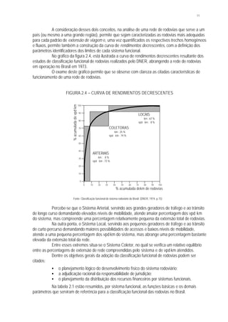 11
A consideração desses dois conceitos, na análise de uma rede de rodovias que serve a um
país (ou mesmo a uma grande região), permite que sejam caracterizadas as rodovias mais adequadas
para cada padrão de extensão de viagem e, uma vez quantificados os respectivos trechos homogêneos
e fluxos, permite também a construção da curva de rendimentos decrescentes, com a definição dos
parâmetros identificadores dos limites de cada sistema funcional.
No gráfico da figura 2.4, está ilustrada a curva de rendimentos decrescentes resultante dos
estudos de classificação funcional de rodovias realizados pelo DNER, abrangendo a rede de rodovias
em operação no Brasil em 1973.
O exame deste gráfico permite que se observe com clareza as citadas características de
funcionamento de uma rede de rodovias.
FIGURA 2.4 – CURVA DE RENDIMENTOS DECRESCENTES
Fonte: Classificação funcional do sistema rodoviário do Brasil (DNER, 1974, p.15)
Percebe-se que o Sistema Arterial, servindo aos grandes geradores de tráfego e ao trânsito
de longo curso demandando elevados níveis de mobilidade, atende àmaior percentagem dos vpd .km
do sistema, mas compreende uma percentagem relativamente pequena da extensão total de rodovias.
Na outra ponta, o Sistema Local, servindo aos pequenos geradores de tráfego e ao trânsito
de curto percurso demandando maiores possibilidades de acessos e baixos níveis de mobilidade,
atende a uma pequena percentagem dos vpd.km do sistema, mas abrange uma percentagem bastante
elevada da extensão total da rede.
Entre esses extremos situa-se o Sistema Coletor, no qual se verifica um relativo equilíbrio
entre as percentagens de extensão de rede compreendidas pelo sistema e de vpd.km atendidos.
Dentre os objetivos gerais da adoção da classificação funcional de rodovias podem ser
citados:
§ o planejamento lógico do desenvolvimento físico do sistema rodoviário;
§ a adjudicação racional da responsabilidade de jurisdição;
§ o planejamento da distribuição dos recursos financeiros por sistemas funcionais.
Na tabela 2.1 estão resumidos, por sistema funcional, as funções básicas e os demais
parâmetros que serviram de referência para a classificação funcional das rodovias no Brasil.
%acumuladadevpd.
km
10 80 100907060504030200
60
70
80
90
100
0
10
20
30
40
50
% acumulada dekm de rodovias
ARTERIAIS
km : 8 %
vpd .
km : 73 %
COLETORAS
km : 25 %
vpd .
km : 19 %
LOCAIS
km : 67 %
vpd .
km : 8 %
 