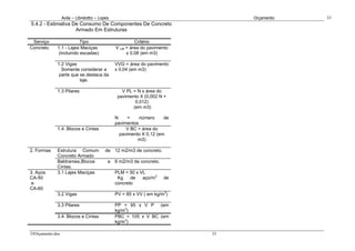 Avila – Librelotto – Lopes                                   Orçamento   33
5.4.2 - Estimativa De Consumo De Componentes De Concreto
                    Armado Em Estruturas

 Serviço                 Tipo                           Critério
Concreto     1.1 - Lajes Maciças               V LM = área do pavimento
              (incluindo escadas)                   x 0,08 (em m3)

             1.2 Vigas                         VVG = área do pavimento
               Somente considerar a            x 0,04 (em m3)
              parte que se destaca da
                        laje.

             1.3 Pilares                          V PL = N x área do
                                                pavimento X (0,002 N +
                                                        0,012)
                                                       (em m3)

                                               N     =    número     de
                                               pavimentos
             1.4. Blocos e Cintas                   V BC = área do
                                                 pavimento X 0,12 (em
                                                         m3)

2. Formas    Estrutura Comum              de 12 m2/m3 de concreto.
             Concreto Armado
             Baldrames,Blocos              e 6 m2/m3 de concreto.
             Cintas.
3. Aços      3.1 Lajes Maciças                 PLM = 50 x VL
CA-50                                           Kg    de   aço/m3    de
 e                                             concreto
CA-60
             3.2 Vigas                         PV = 85 x VV ( em kg/m3)

             3.3 Pilares                       PP = 95 x V P (em
                                               kg/m3)
             3.4. Blocos e Cintas              PBC = 105 x V BC (em
                                               kg/m3)

33Orçamento.doc                                                           33
 