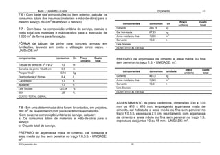 Avila – Librelotto – Lopes                                                         Orçamento                        41
7.6 - Com base nas composições do item anterior, calcular os
consumos totais dos insumos (materiais e mão-de-obra) para o
mesmo serviço (600 m2 de emboço e reboco)                                   componentes      consumos      un
                                                                                                                      Preço         Custo
                                                                                                                     unitário        total
7.7 - Com base na composição unitária do serviço, calcule o            Cimento               269,15        kg
custo total dos materiais e mão-de-obra para a execução de             Cal hidratada         67,29         kg
1.000 m2 de fôrma para fundação.                                       Areia média ou fina   1,035         m3
                                                                       Servente              10,0          h
FÔRMA de tábuas de pinho para concreto armado em                       Leis Sociais
fundações, levando em conta a utilização cinco vezes. -                CUSTO TOTAL GERAL
UNIDADE: m2

componentes                       consumos     Un   Preço      Custo   PREPARO de argamassa de cimento e areia média ou fina
                                                    unitário   total
                                                                       sem peneirar no traço 1:3. - UNIDADE: m3.
Tábuas de pinho de 3a 1"x12"          1,0      m
Sarrafos de pinho 10x25 cm            0,5      m                                                                          preço       custo
                                                                            componentes      consumos      unidade
Pregos 18x27                          0,15     kg                                                                        unitário      total
Desmoldante p/ fôrmas                 0,4      l                       Cimento               453,0         kg
Carpinteiro                           1,3      h                       Areia média ou fina   1,045         m3
Ajudante                              1,3      h                       Servente              10,0          h
Leis Sociais                        125,04     %                       Leis Sociais
BDI                                    25      %                       CUSTO TOTAL GERAL
CUSTO TOTAL GERAL

                                                                       ASSENTAMENTO de pisos cerâmicos, dimensões 330 x 330
7.8 - Em uma determinada obra foram levantados, em projetos,           mm ou 410 x 410 mm, empregando argamassa mista de
300 m2 de revestimento com pisos cerâmicos esmaltados.                 cimento, cal hidratada e areia média ou fina sem peneirar no
 Com base na composição unitária do serviço, calcular:                 traço 1:0,5:5, espessura 2,5 cm, rejuntamento com argamassa
a) Os consumos totais de materiais e mão-de-obra para o                de cimento e areia média ou fina sem peneirar no traço 1:3,
serviço.                                                               espessura das juntas 10 ou 15 mm - UNIDADE: m2.
b) O custo total do serviço.

PREPARO de argamassa mista de cimento, cal hidratada e
areia média ou fina sem peneirar no traço 1:0,5:5. - UNIDADE:
m 3.
41Orçamento.doc                                                                       41
 