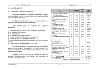 Avila – Librelotto – Lopes                                                        Orçamento                             43

8 – DO ORÇAMENTO
                                                                                                                       Preço
                                                                                                             Quantid              Preço
8.1 - Orçamento Detalhado ou Analítico                                         Item                 Un.                Unitári
                                                                                                              ade                 Total
                                                                                                                         o
                                                                 1. SERVIÇOS PRELIMINARES                                        2.913,13
        Orçamento detalhado ou analítico demonstra o preço       1.1 Abrigo provisório               m2       12,00    130,19    1.562,26
unitário de cada serviço a cumprido bem como o preço total da    1.2. Ligação provisória de luz e
                                                                                                     vb       1,00     169,78     169,78
obra ser cobrado do cliente.                                     força
                                                                 1.3. Instalação provisória de
                                                                                                     vb       1,00     447,09     447,09
       O Orçamento Analítico deve ser apresentado em             água
                                                                 1.4. Tapume de chapa de
planilhas como a apresentada no Exemplo 1.                                                           m2       29,40    19,69      578,92
                                                                 madeira
                                                                                                         2
                                                                 1.5. Locação de obra                m        48,40     1,94      94,07
      Esta planilha pode ser composta dos seguintes              1.6. Raspagem e limpeza do
                                                                                                     m   2
                                                                                                             180,00     0,34      61,01
elementos:                                                       terreno
                                                                 2. INFRAESTRUTURA                                               1.137,86
                                                                 2.1. Forma de tábua de pinho        m2       42,72    13,78      588,74
1. a discriminação de todos os itens e subitens dos serviços;    2.2. Armadura CA-50A ou CA-
2. as unidades dos serviços;                                                                         kg      225,00     1,01      226,14
                                                                 50B
3. as quantidades;                                               2.3. Preparo de concreto
                                                                                                     m3       4,50     68,60      308,68
4. os preços unitários dos serviços;                             estrutural
                                                                                                         3
5. o preço parcial ou subtotal para cada subitem;                2.4. Escavação manual de valas      m        3,60      3,97      14,30
6. o preço do item ou subtotal de cada item;                     ______________
7. o preço total do empreendimento sem o BDI, isto é, a custo
direto;                                                          13. SERVIÇOS
                                                                                                                                  543,03
8. o preço total do empreendimento com o BDI;                    COMPLEMENTARES
                                                                P
                                                                . Execução e regularização de
      O subtotal representa a multiplicação das quantidades                                          m2       26,33     1,54      40,46
                                                                  base para revestimento de pisos
pelos preços unitários respectivos, de cada subitem, ou,        . Preparo de concreto não
                                                                                                     m3       2,11     61,09      128,67
quando se trata de serviço expresso por verba, o valor da         estrutural
verba correspondente.                                           . Execução de lastro de concreto
                                                                                                     m2       26,33     9,92      261,09
                                                                  não estrutural
                                                                                                         2
                                                                  13.2. Limpeza geral                m       200,00     0,56      112,81
       O preço total ou custo total é a soma de todas as
parcelas correspondentes aos valores dos subtotais ou                  TOTAL GERAL                                               xx.xxx,xx
subitens para cada serviço.                                      TOTAL COM BDI (x%)                                              yy.yyy,yy
                                                                                 Exemplo 1. Orçamento detalhado



43Orçamento.doc                                                               43
 