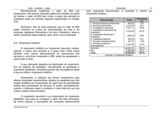 Avila – Librelotto – Lopes                                                     Orçamento                           44
       Recomenda-se evidenciar o valor do BDI nos                 este orçamento discriminado. O exemplo 2 mostra um
orçamentos. Isto porque, havendo quebra de contrato por parte     orçamento sintético.
do cliente, o valor do BDI bem como o preço dos serviços já
prestados pode ser cobrado segundo especificado no Código                        Discriminação               Preço
                                                                                                                        Percentual
Civil.                                                                                                                     (%)
                                                                     1. Serviços técnicos profissionais       550,00       2,43
                                                                     2. Serviços preliminares               2.015,24       8,91
      Outrossim, não se deve esquecer que no valor do BDI            3. Fundações e estruturas              4.201,11      18,58
estão incluídos os custos de administração da obra e da              4. Arquitetura e elementos de
                                                                                                            6.720,28      29,72
empresa, despesas financeiras e de risco, impostos e taxas a         urbanismo
serem recolhidos pela empresa, bem como o lucro estimado.            5. Instalações Hidráulicas e
                                                                                                            1.483,09       6,56
                                                                     Sanitárias
                                                                     6. Instalações elétricas                 952,03       4,21
                                                                     7. Serviços complementares               427,07       1,89
8.2 - Orçamento Sintético                                            8. Serviços auxiliares e
                                                                                                            6.261,89      27,70
                                                                     administrativos
       O orçamento sintético ou orçamento resumido mostra,           Sub-total                             22.610,71      100 %
apenas, o preço dos serviços e o preço total. Pode incluir           BDI                                    5.652,68      25 %
também uma coluna demonstrando os percentuais dos                    Total                                 28.263,38      125 %
                                                                                      Exemplo 2. Orçamento Sintético.
serviços e uma linha mostrando o BDI, antes de apresentar o
preço total ou final.

      A sua utilização depende da destinação do orçamento.
Em se tratando de licitações, normalmente se apresenta o
orçamento detalhado. Somente quando não há exigência deste
é que se utiliza o orçamento sintético.

       Geralmente, é utilizado nas firmas construtoras para
efetuar propostas orçamentárias rápidas ou expeditas que não
exigem análises de composições de custo nem de quantidades
exatas das quantidades de serviços. É usado, principalmente,
quando o interesse maior é conhecer o custo total em vez dos
custos unitários discriminados.

       O orçamento resumido é um subproduto do orçamento
detalhado, pois para se conseguir o valor dos itens principais,
de forma precisa, é necessário ter composto anteriormente

44Orçamento.doc                                                             44
 