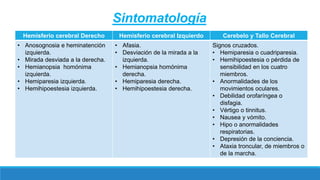 Hemisferio cerebral Derecho Hemisferio cerebral Izquierdo Cerebelo y Tallo Cerebral
• Anosognosia e heminatención
izquierda.
• Mirada desviada a la derecha.
• Hemianopsia homónima
izquierda.
• Hemiparesia izquierda.
• Hemihipoestesia izquierda.
• Afasia.
• Desviación de la mirada a la
izquierda.
• Hemianopsia homónima
derecha.
• Hemiparesia derecha.
• Hemihipoestesia derecha.
Signos cruzados.
• Hemiparesia o cuadriparesia.
• Hemihipoestesia o pérdida de
sensibilidad en los cuatro
miembros.
• Anormalidades de los
movimientos oculares.
• Debilidad orofaríngea o
disfagia.
• Vértigo o tinnitus.
• Nausea y vómito.
• Hipo o anormalidades
respiratorias.
• Depresión de la conciencia.
• Ataxia troncular, de miembros o
de la marcha.
Sintomatología
 