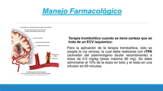 Manejo Farmacológico
Terapia trombolítica cuando se tiene certeza que se
trata de un ECV isquémico:
Para la aplicación de la terapia trombolítica, sólo se
acepta la vía venosa, la cual debe realizarse con rTPA
(activador del plasminógeno tisular recombinante) a
dosis de 0.9 mg/kg (dosis máxima 90 mg). Se debe
administrar el 10% de la dosis en bolo y el resto en una
infusión en 60 minutos.
 