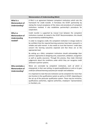 Memorandum of Understanding (MoU)
What is a         A MoU is an agreement between competent institutions which sets the
Memorandum of     framework for credit transfer. It formalises the ECVET partnership by
Understanding?    stating the mutual acceptance of the status and procedures of competent
                  institutions involved. It also establishes partnership’s procedures for
                  cooperation.
Why is a          Credit transfer is supported by mutual trust between the competent
Memorandum of     institutions involved. As stated in the ECVET Recommendation, this should
Understanding     be promoted by establishing MoUs.
needed?           In order to recognise credit, the competent institution in charge needs to
                  be confident that the required learning outcomes have been assessed in a
                  reliable and valid manner. It also needs to trust that learners’ credit does
                  concern the learning outcomes expected and that these are at the
                  appropriate level.
                  By setting up a MoU, competent institutions should acknowledge their
                  partners’ approaches to designing units, assessment, validation, recognition
                  as well as quality assurance. Through this process, they make informed
                  judgements about the conditions under which they can recognise credit
                  achieved in partner systems.
Who concludes a   MoUs are concluded by competent institutions, each of which is
Memorandum of     empowered, in their own setting, to award qualifications or units or to give
Understanding?    credit for achieved learning outcomes for transfer and validation.
                  It is important to note that one institution can be competent for more than
                  one function in the qualifications system as well as in ECVET, depending on
                  the set up of the particular qualification system. These may be ministries,
                  qualifications authorities, regional authorities, employers’ representatives
                  or chambers, etc.




                                          25
 