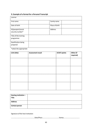 9. Example of a format for a Personal Transcript
Learner

First name                                         Family name

Date of birth                                      Place of birth

ID/passport/social                                 Address
security number*

Title of the training
programme

Qualification being
prepared

*select the appropriate

Unit (title)              Assessment result                  ECVET points   Other (if
                                                                            required)




Hosting institution –
Title

Address

Contact person



Signature of the host institution

……………………………………………………Date/Place…………………………………….Stamp…………………………………..

                                              60
 