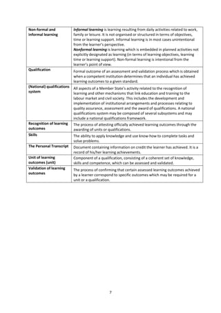 Non-formal and            Informal learning is learning resulting from daily activities related to work,
informal learning         family or leisure. It is not organised or structured in terms of objectives,
                          time or learning support. Informal learning is in most cases unintentional
                          from the learner’s perspective.
                          Nonformal learning is learning which is embedded in planned activities not
                          explicitly designated as learning (in terms of learning objectives, learning
                          time or learning support). Non-formal learning is intentional from the
                          learner’s point of view.
Qualification             Formal outcome of an assessment and validation process which is obtained
                          when a competent institution determines that an individual has achieved
                          learning outcomes to a given standard.
(National) qualifications All aspects of a Member State's activity related to the recognition of
system                    learning and other mechanisms that link education and training to the
                          labour market and civil society. This includes the development and
                          implementation of institutional arrangements and processes relating to
                          quality assurance, assessment and the award of qualifications. A national
                          qualifications system may be composed of several subsystems and may
                          include a national qualifications framework.
Recognition of learning The process of attesting officially achieved learning outcomes through the
outcomes                  awarding of units or qualifications.
Skills                    The ability to apply knowledge and use know-how to complete tasks and
                          solve problems.
The Personal Transcript   Document containing information on credit the learner has achieved. It is a
                          record of his/her learning achievements.
Unit of learning          Component of a qualification, consisting of a coherent set of knowledge,
outcomes (unit)           skills and competence, which can be assessed and validated.
Validation of learning    The process of confirming that certain assessed learning outcomes achieved
outcomes                  by a learner correspond to specific outcomes which may be required for a
                          unit or a qualification.




                                                7
 