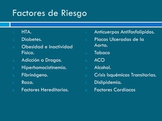 Factores de Riesgo HTA. Diabetes. Obesidad e inactividad Física. Adicción a Drogas. Hiperhomocistinemia. Fibrinógeno. Raza. Factores Hereditarios. Anticuerpos Antifosfolípidos. Placas Ulceradas de la Aorta. Tabaco ACO Alcohol. Crisis Isquémicas Transitorias. Dislipidemia. Factores Cardíacos 