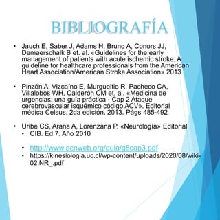 BIBLIOGRAFÍA
• Jauch E, Saber J, Adams H, Bruno A, Conors JJ,
Demaerschalk B et. al. «Guidelines for the early
management of patients with acute ischemic stroke: A
guideline for healthcare professionals from the American
Heart Association/American Stroke Association» 2013
• Pinzón A, Vizcaíno E, Murgueitio R, Pacheco CA,
Villalobos WH, Calderón CM et. al. «Medicina de
urgencias: una guía práctica - Cap 2 Ataque
cerebrovascular isquémico código ACV». Editorial
médica Celsus. 2da edición. 2013. Págs 485-492
• Uribe CS, Arana A, Lorenzana P. «Neurología» Editorial
• CIB. Ed 7. Año 2010
• http://www.acnweb.org/guia/g8cap3.pdf
• https://kinesiologia.uc.cl/wp-content/uploads/2020/08/wiki-
02.NR_.pdf
 