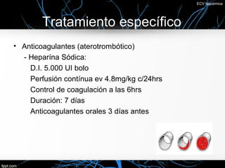 ECV Isquemica




        Tratamiento específico
• Anticoagulantes (aterotrombótico)
  - Heparína Sódica:
    D.I. 5.000 UI bolo
    Perfusión contínua ev 4.8mg/kg c/24hrs
    Control de coagulación a las 6hrs
    Duración: 7 días
    Anticoagulantes orales 3 días antes
 