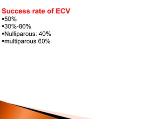 Success rate of ECV
50%
30%-80%
Nulliparous: 40%
multiparous 60%
 