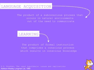 LANGUAGE ACQUISITION
LEARNING
The product of a subconscious process that
occurs in natural environments
out of the need to communicate
The product of formal instruction
that comprises a conscious process
which results in conscious knowledge
S.D. Krashen, The input hypothesis: issues and implications
Addison-Wesley Longman Ltd, 1985
 